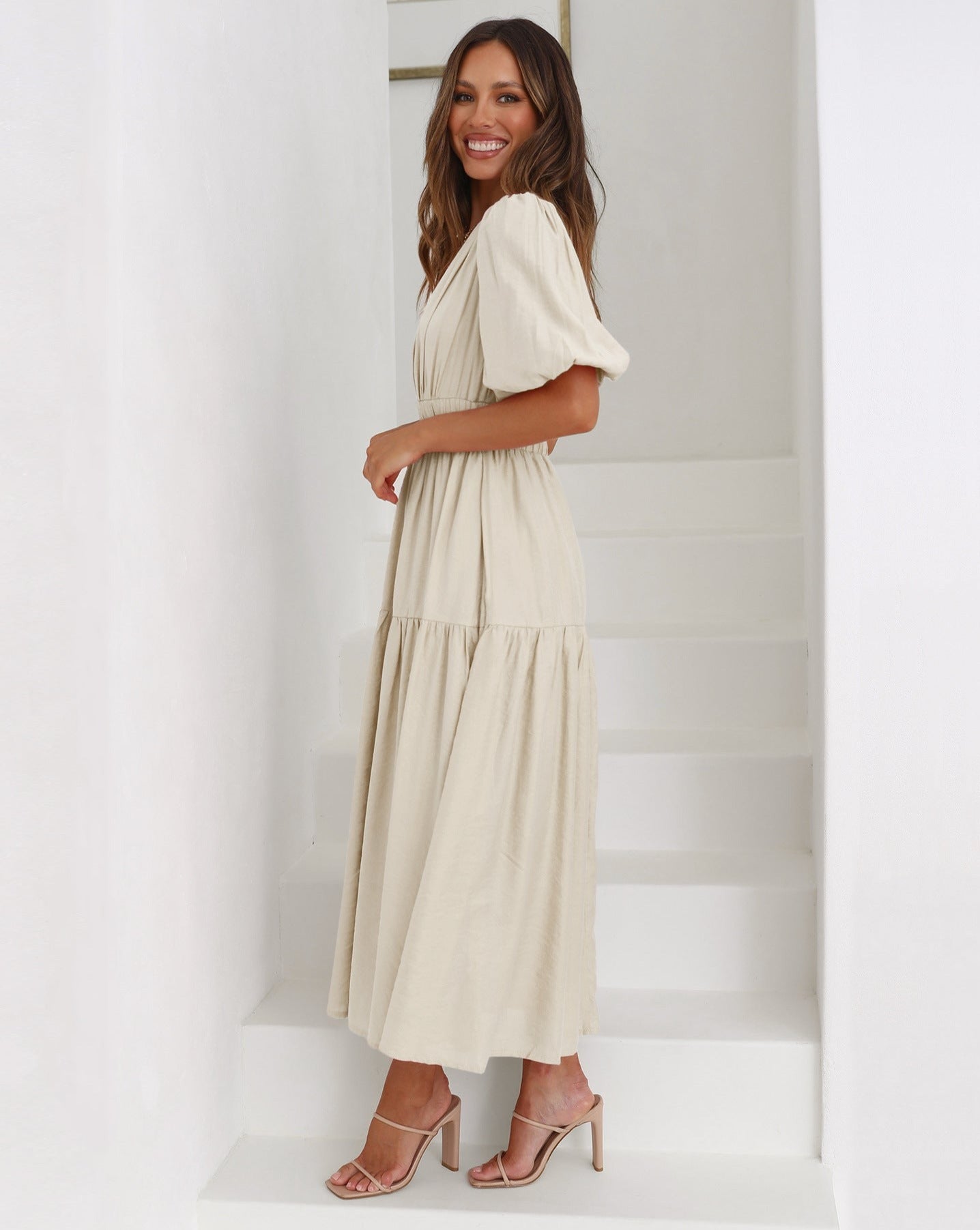 Women's V-Neck Maxi Dress with Short Puff Sleeves and Elastic Waist 6