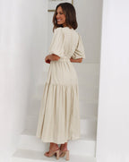 Women's V-Neck Maxi Dress with Short Puff Sleeves and Elastic Waist 7