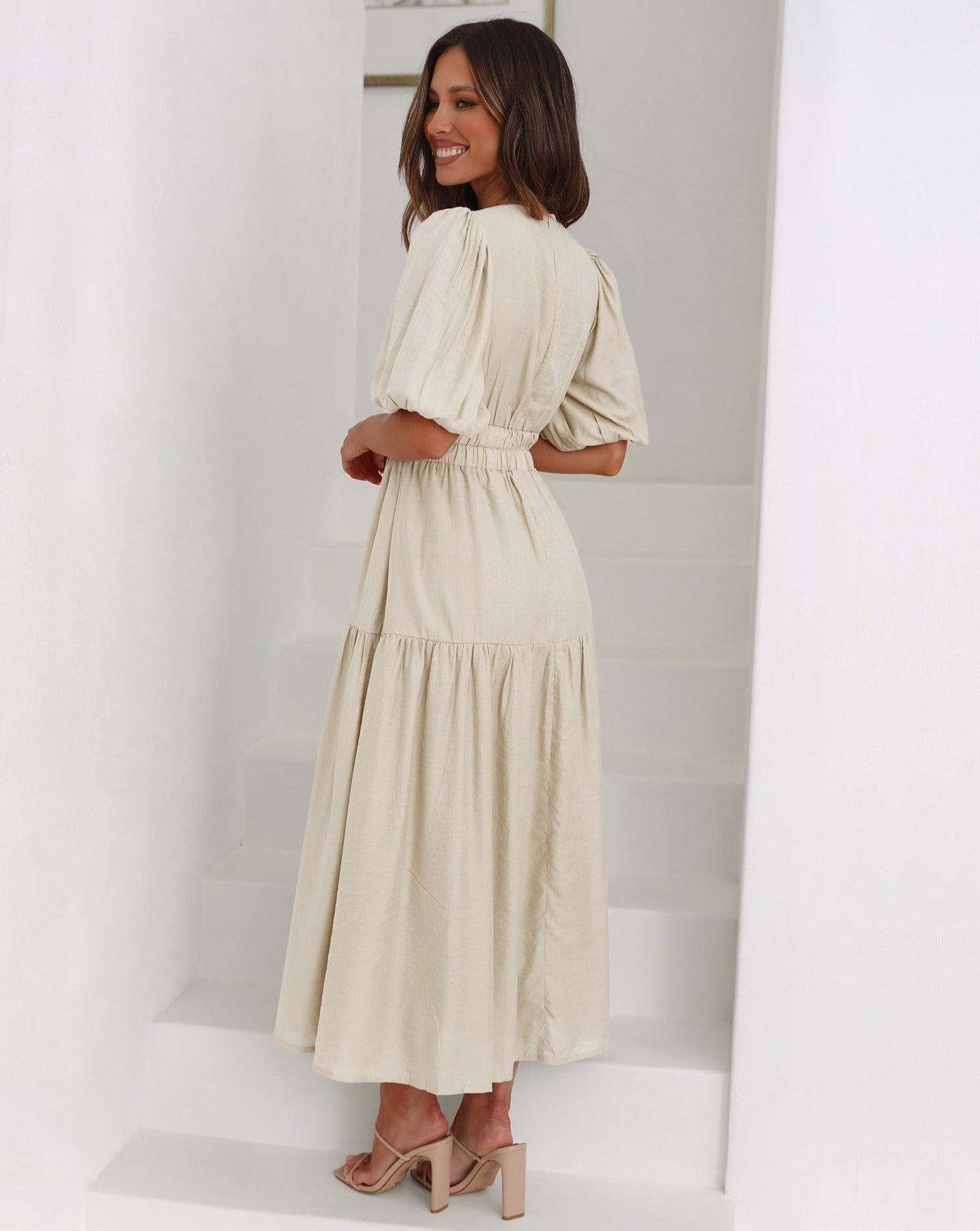 Women's V-Neck Maxi Dress with Short Puff Sleeves and Elastic Waist 7