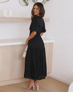 Women's V-Neck Maxi Dress with Short Puff Sleeves and Elastic Waist 8