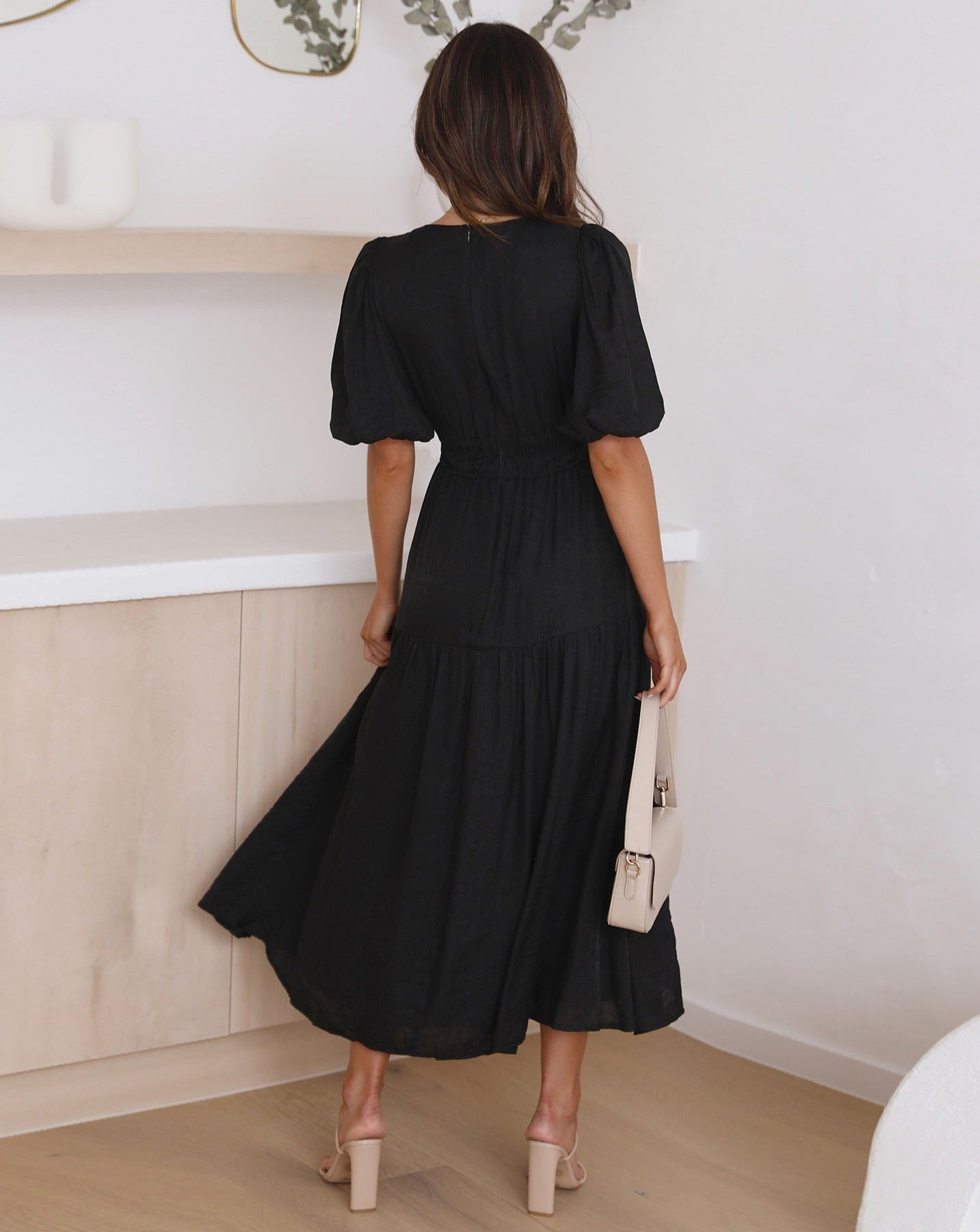 Women's V-Neck Maxi Dress with Short Puff Sleeves and Elastic Waist 9