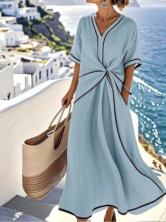Women's V-Neck Maxi Dress with Waist Detail 1