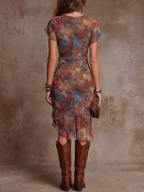 Women's V-Neck Midi Dress with Abstract Print and Pleated Design 3