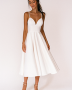Women's V-Neck Midi Dress with Cross Back Straps and A-Line Skirt 1