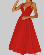 Women's V-Neck Midi Dress with Cross Back Straps and A-Line Skirt 3