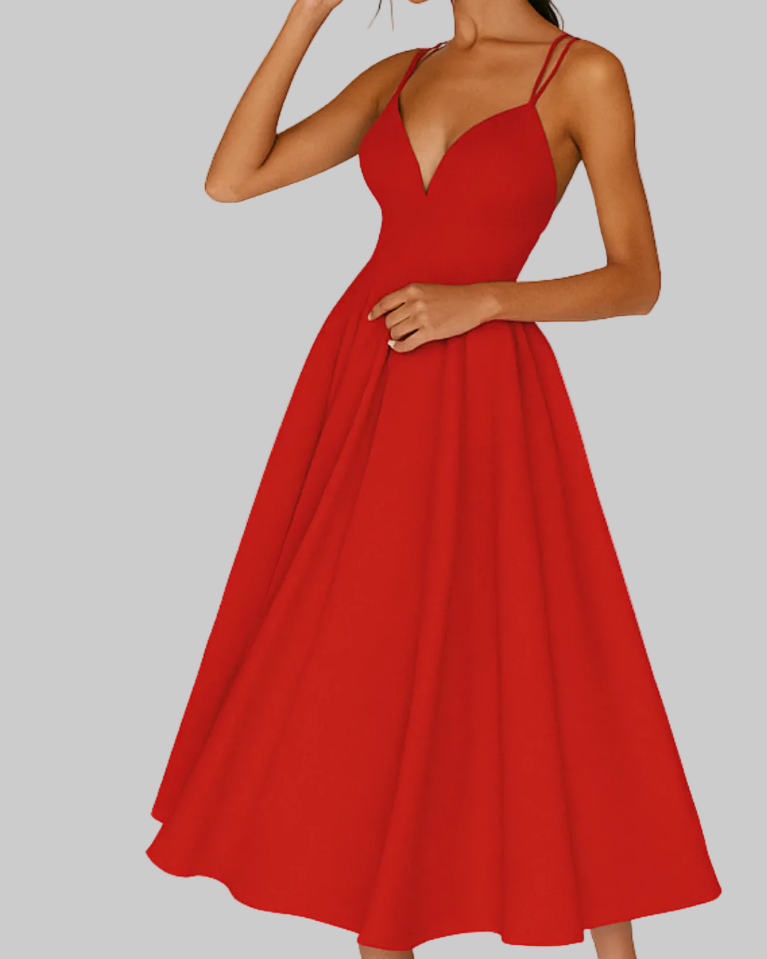 Women's V-Neck Midi Dress with Cross Back Straps and A-Line Skirt 3