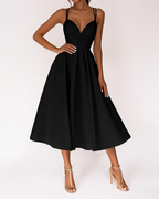 Women's V-Neck Midi Dress with Cross Back Straps and A-Line Skirt 4
