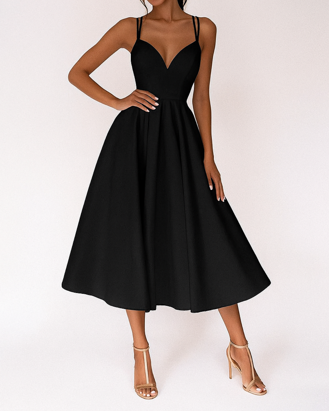 Women's V-Neck Midi Dress with Cross Back Straps and A-Line Skirt 4