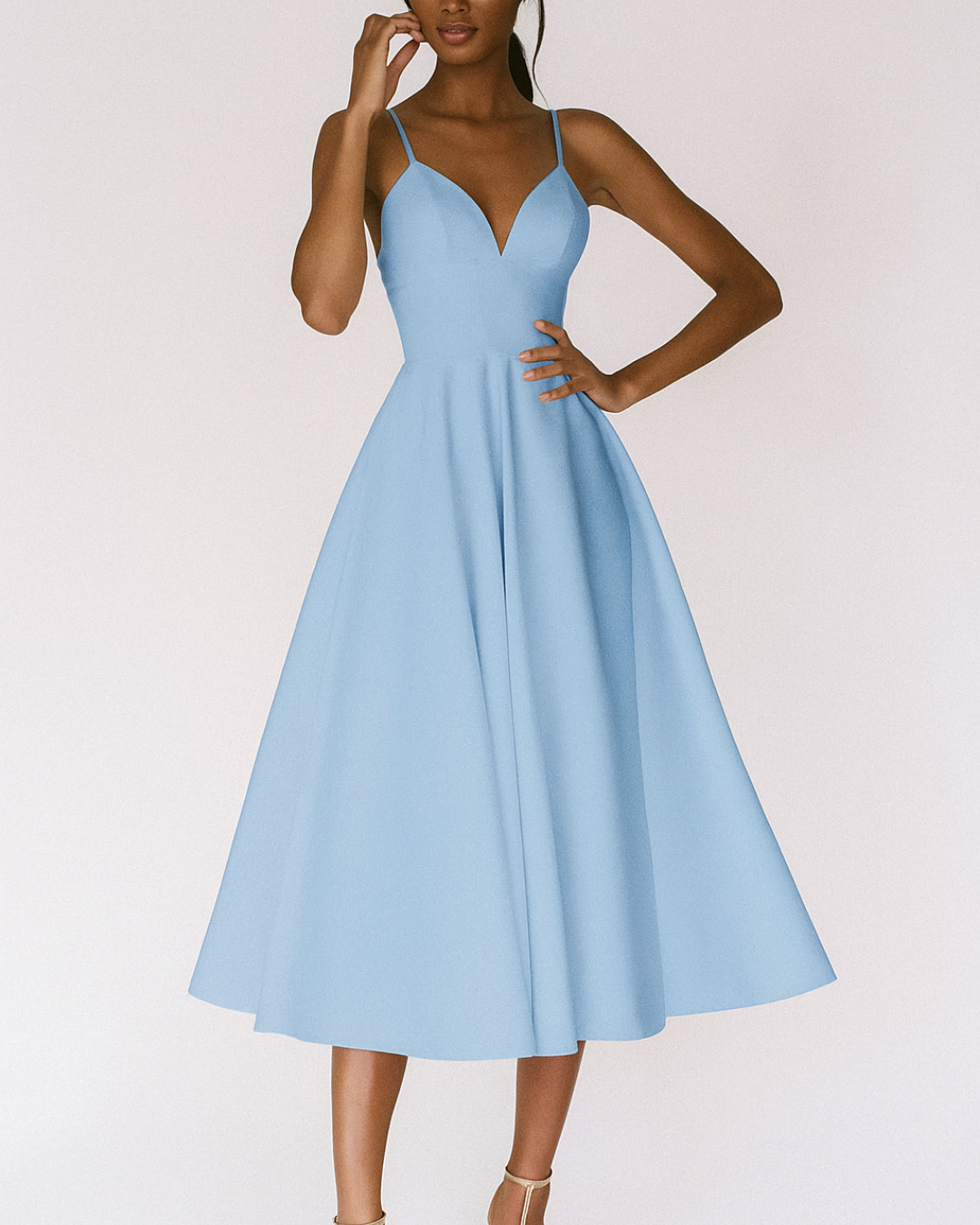 Women's V-Neck Midi Dress with Cross Back Straps and A-Line Skirt 5