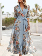 Women's V-Neck Midi Dress with Flared Hem 1