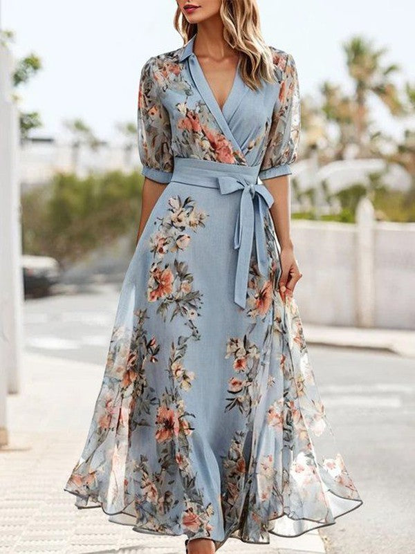 Women's V-Neck Midi Dress with Flared Hem 1