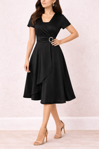 Women's V-Neck Midi Dress with Gathered Waist and Layered Skirt 1