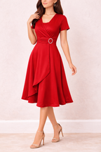 Women's V-Neck Midi Dress with Gathered Waist and Layered Skirt 3