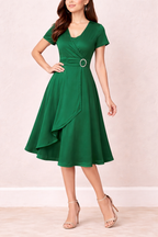 Women's V-Neck Midi Dress with Gathered Waist and Layered Skirt 4