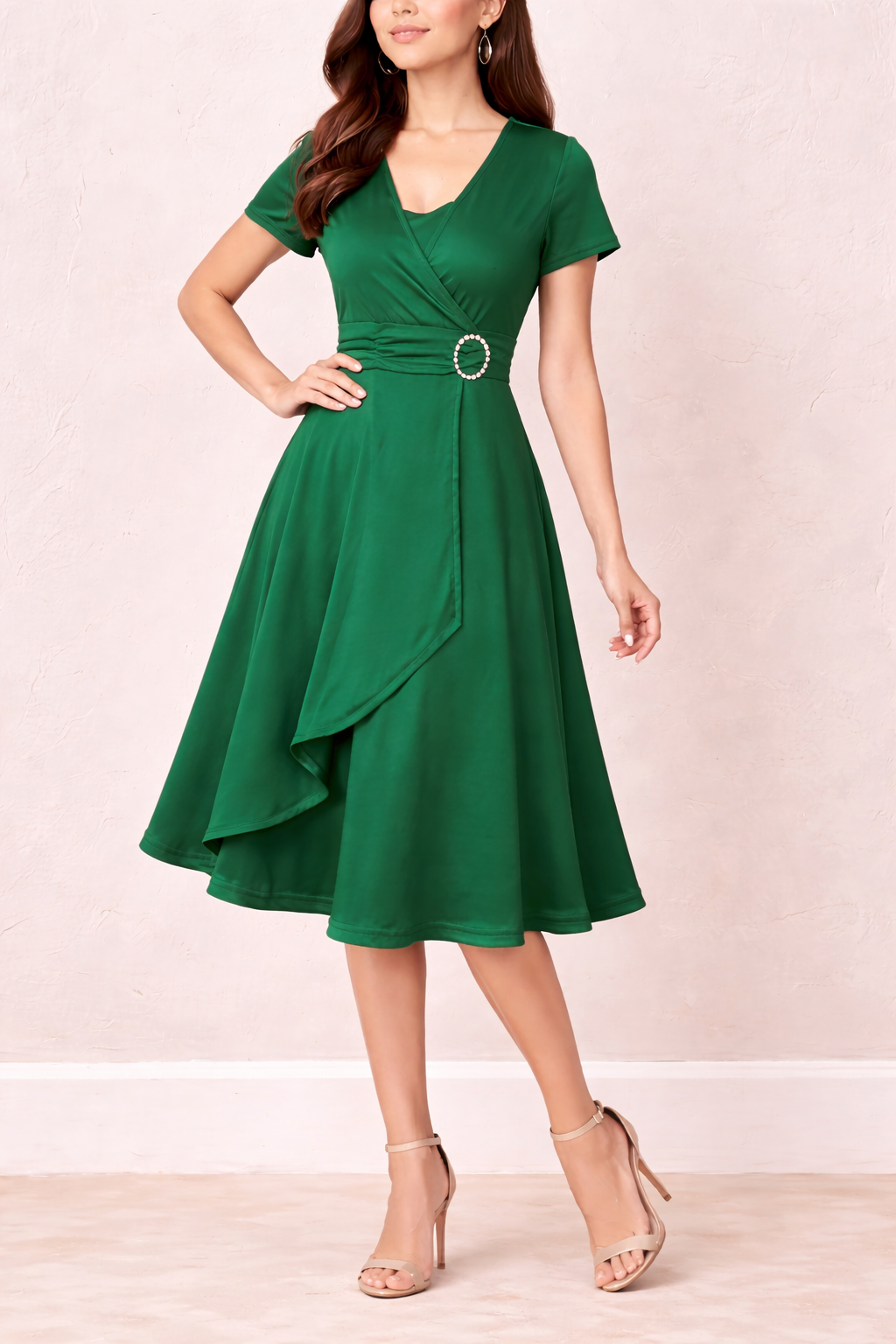 Women's V-Neck Midi Dress with Gathered Waist and Layered Skirt 4