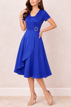 Women's V-Neck Midi Dress with Gathered Waist and Layered Skirt 5