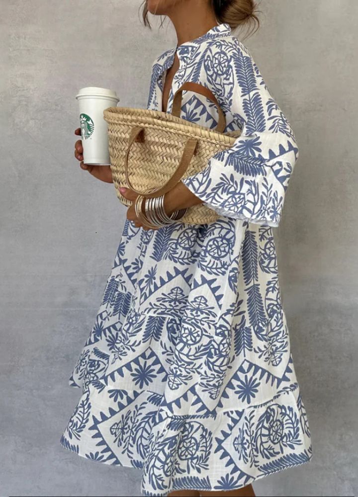 Women's V-Neck Midi Dress with Long Sleeves and Boho Print 1