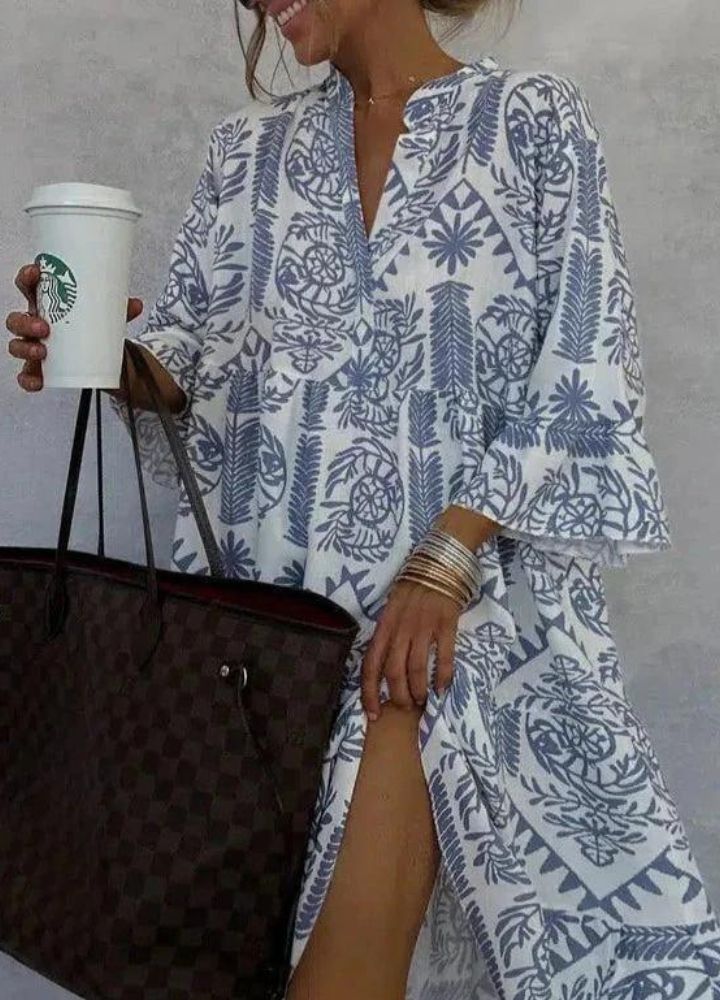 Women's V-Neck Midi Dress with Long Sleeves and Boho Print 2