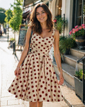 Women's V-Neck Midi Dress with Polka Dot Print and High Waist 1
