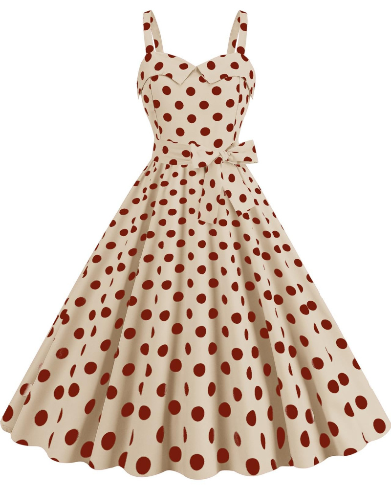 Women's V-Neck Midi Dress with Polka Dot Print and High Waist 9