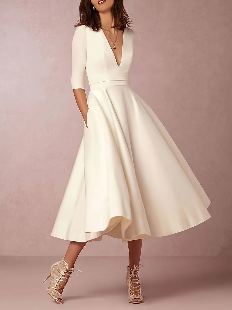 Women's V-Neck Midi Dress with Short Sleeves 1