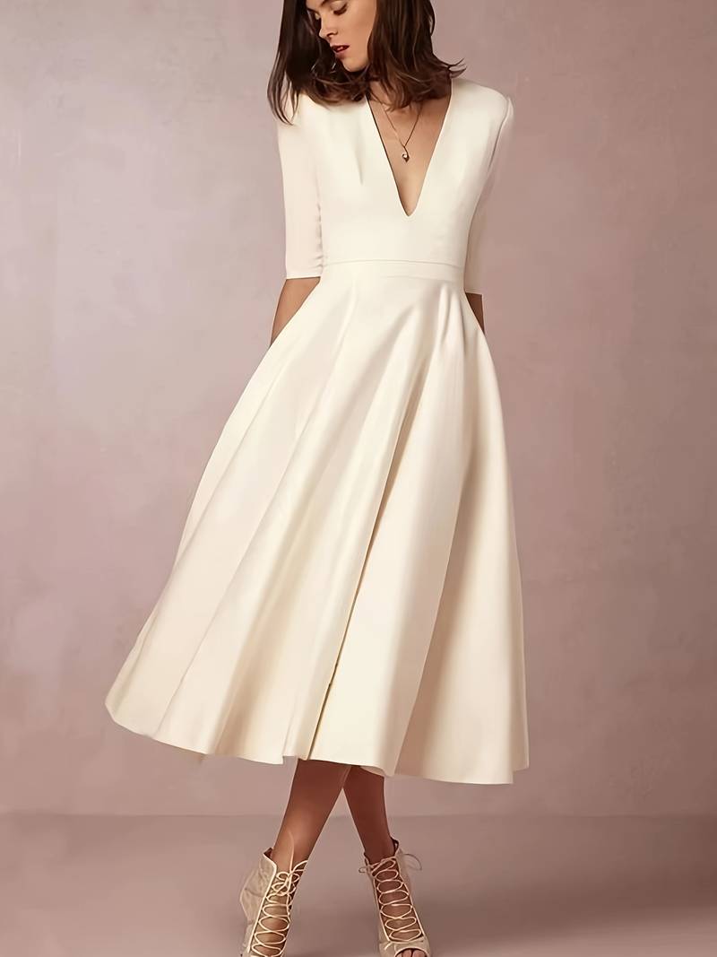 Women's V-Neck Midi Dress with Short Sleeves 2
