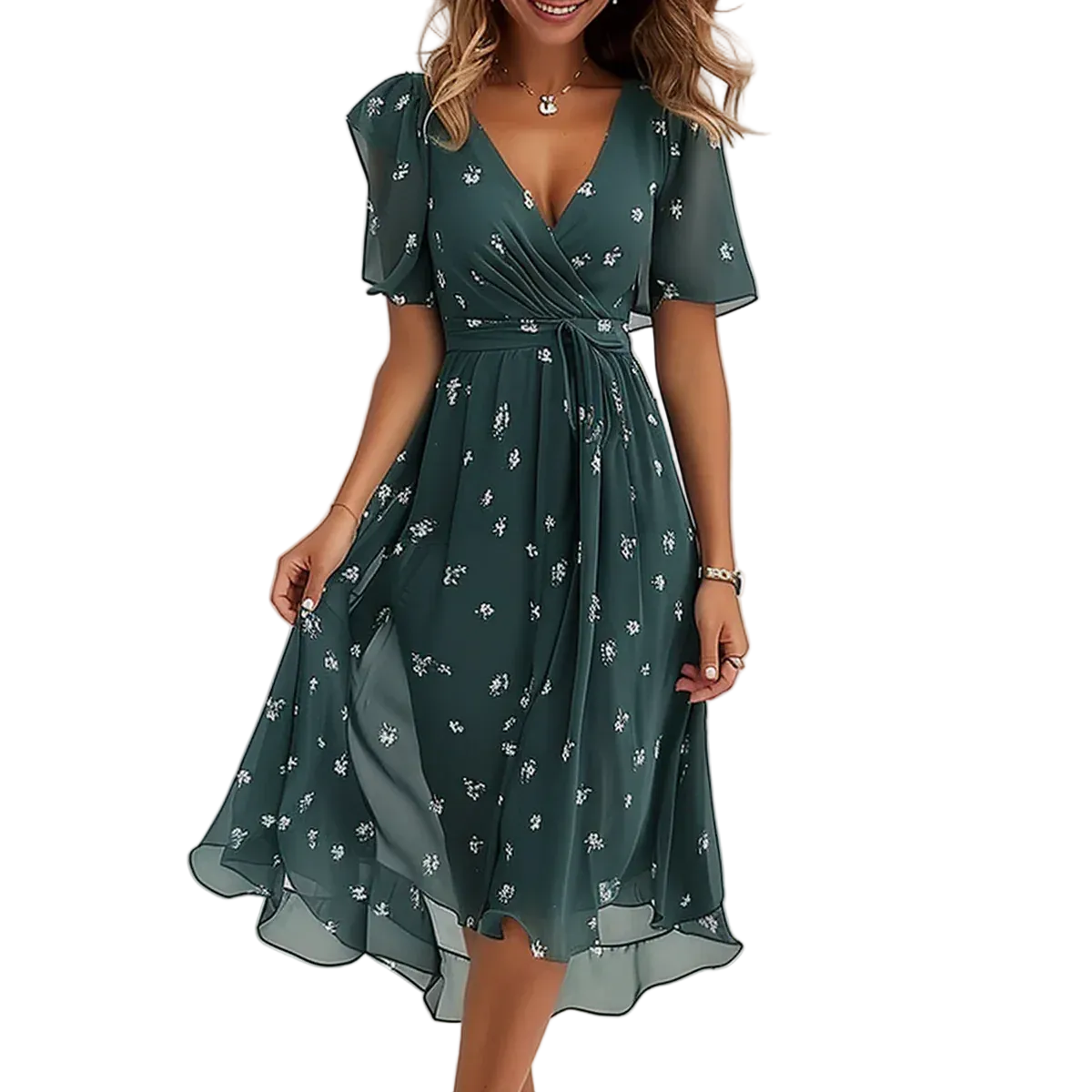 Women's V-Neck Midi Dress with Short Sleeves and Floral Print 1