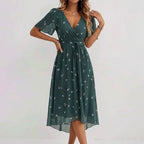 Women's V-Neck Midi Dress with Short Sleeves and Floral Print 2