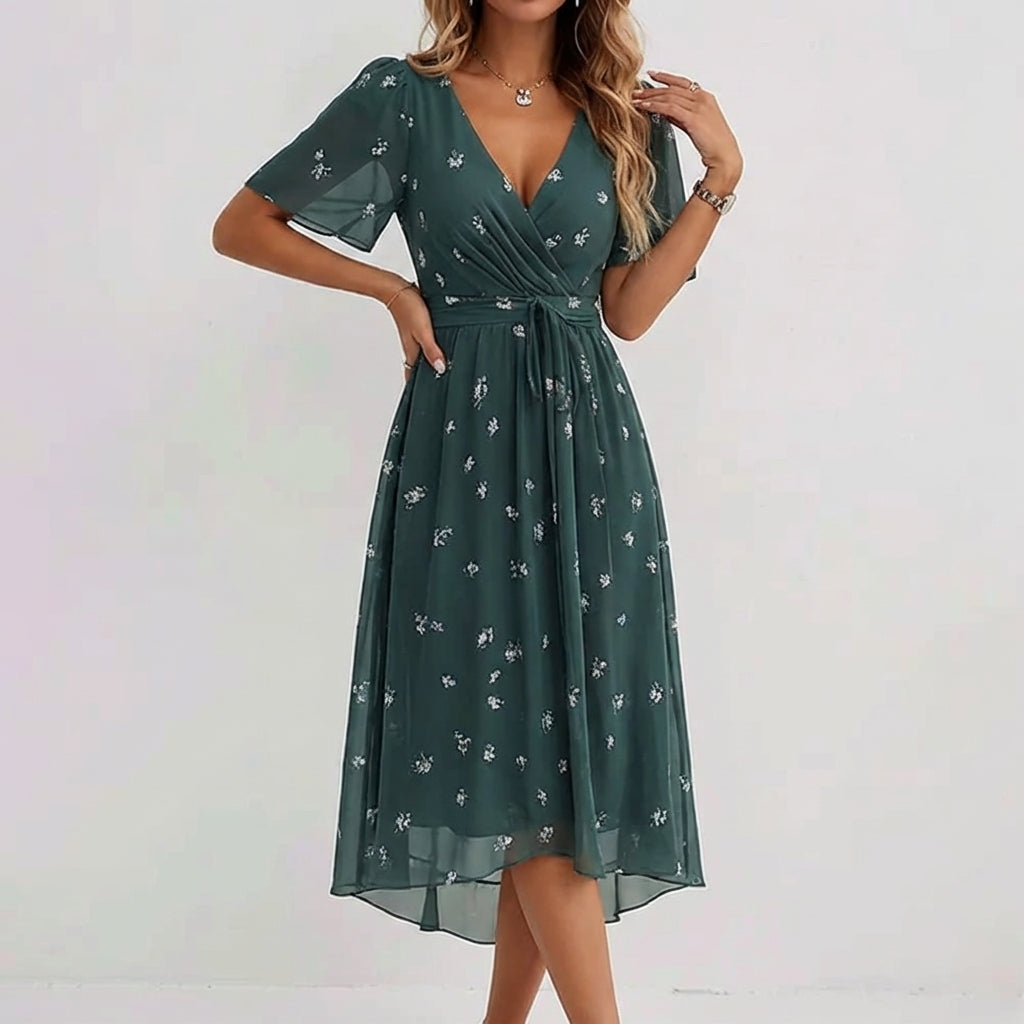 Women's V-Neck Midi Dress with Short Sleeves and Floral Print 2
