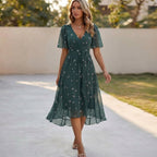 Women's V-Neck Midi Dress with Short Sleeves and Floral Print 3
