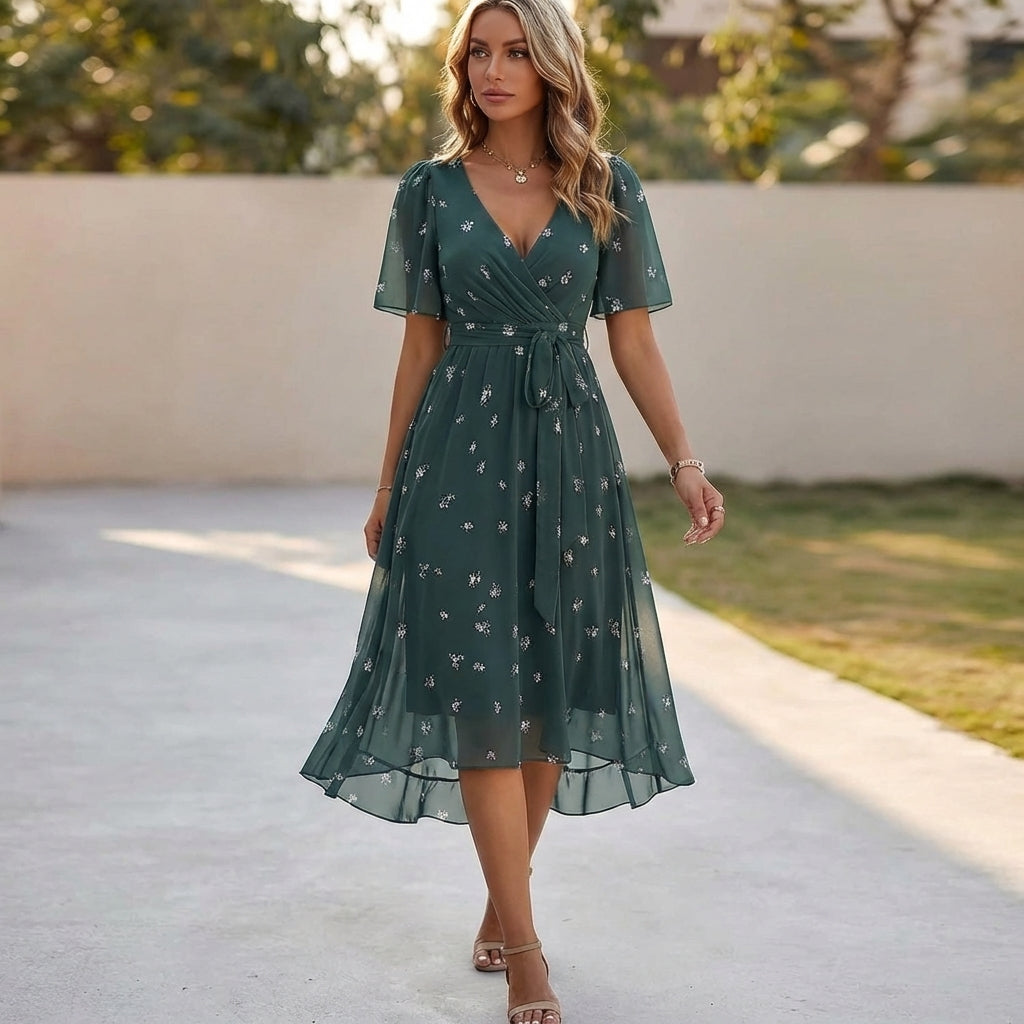 Women's V-Neck Midi Dress with Short Sleeves and Floral Print 3