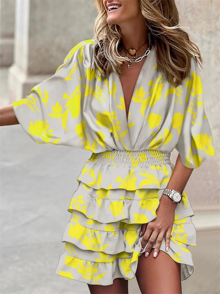 Women's V-Neck Mini Dress with Batwing Sleeves and Ruffle Details 1