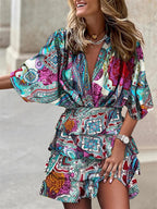 Women's V-Neck Mini Dress with Batwing Sleeves and Ruffle Details 2