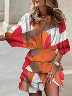 Women's V-Neck Mini Dress with Batwing Sleeves and Ruffle Details 3