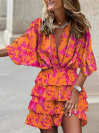 Women's V-Neck Mini Dress with Batwing Sleeves and Ruffle Details 4