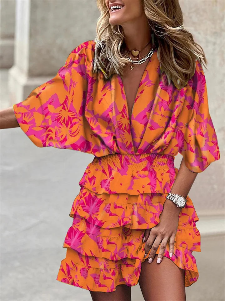 Women's V-Neck Mini Dress with Batwing Sleeves and Ruffle Details 4