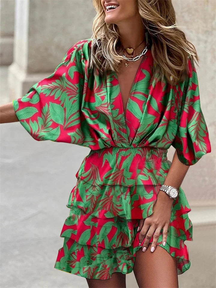 Women's V-Neck Mini Dress with Batwing Sleeves and Ruffle Details 5