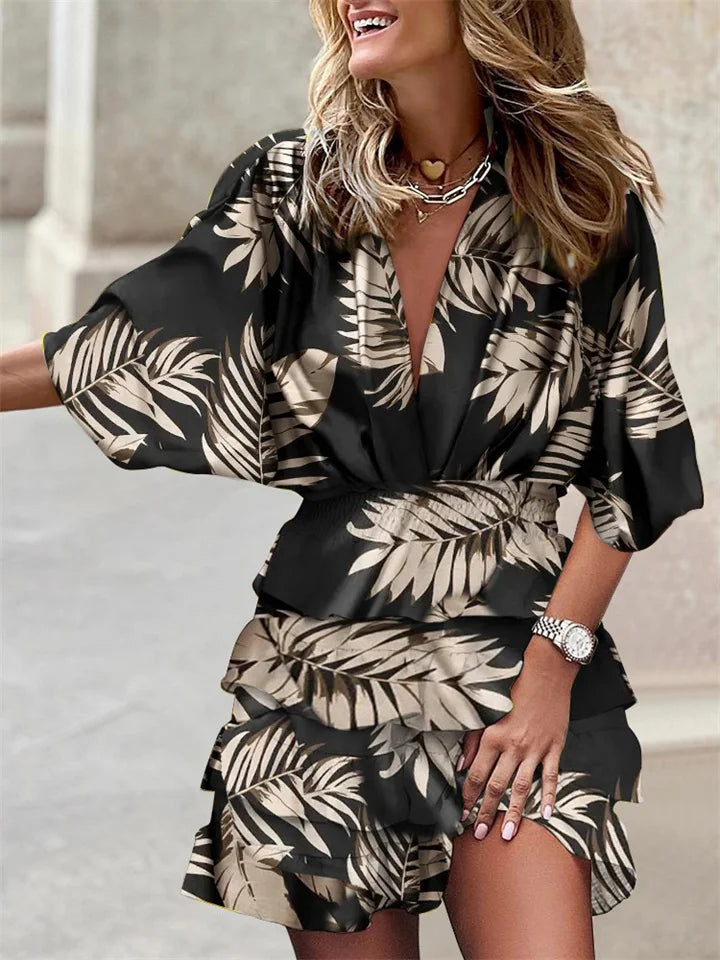 Women's V-Neck Mini Dress with Batwing Sleeves and Ruffle Details 6
