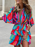 Women's V-Neck Mini Dress with Batwing Sleeves and Ruffle Details 7