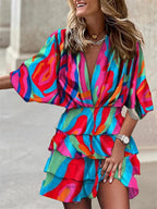 Women's V-Neck Mini Dress with Batwing Sleeves and Ruffle Details 7