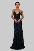 Women's V-Neck Open Back Sequin Maxi Dress with Floor Length Hem 1