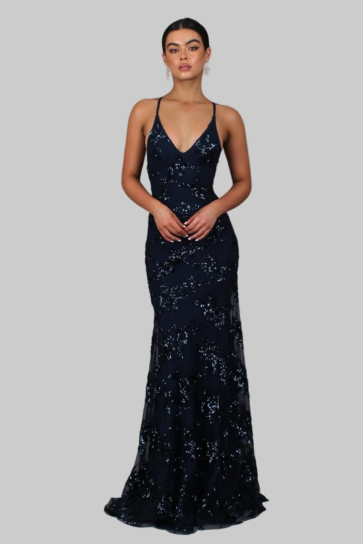 Women's V-Neck Open Back Sequin Maxi Dress with Floor Length Hem 1