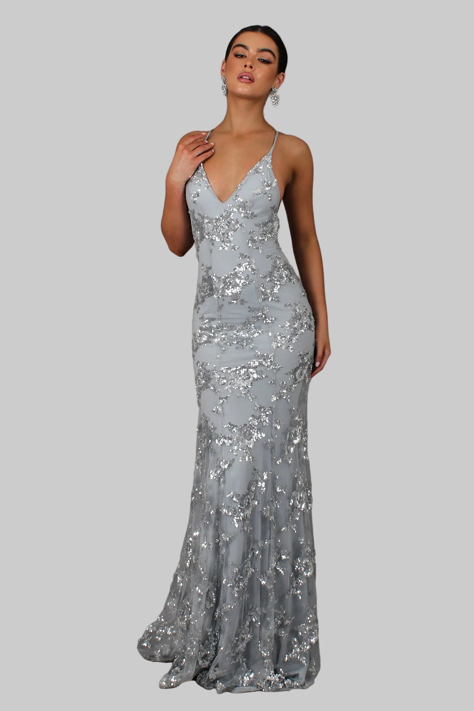 Women's V-Neck Open Back Sequin Maxi Dress with Floor Length Hem 3