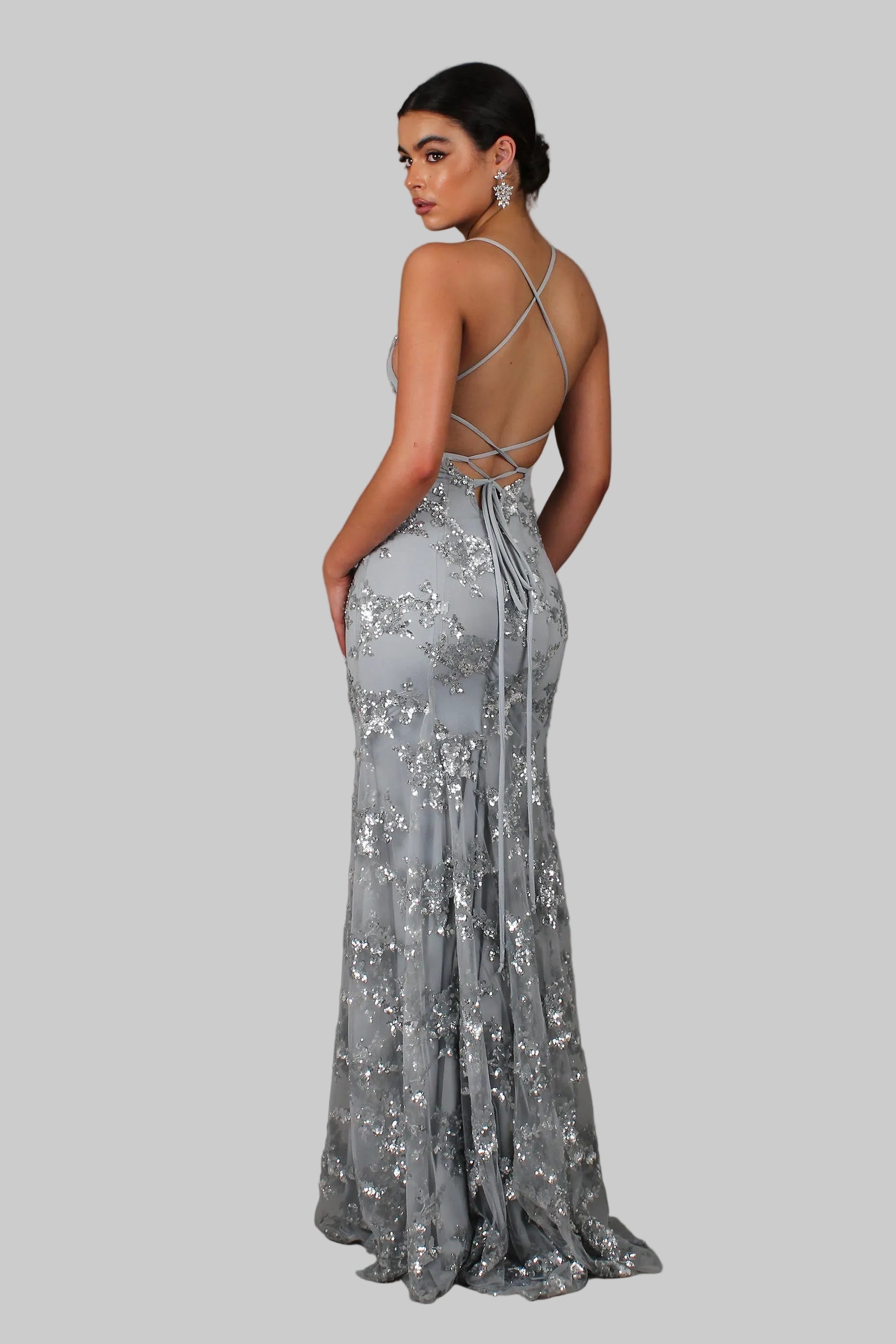 Women's V-Neck Open Back Sequin Maxi Dress with Floor Length Hem 4