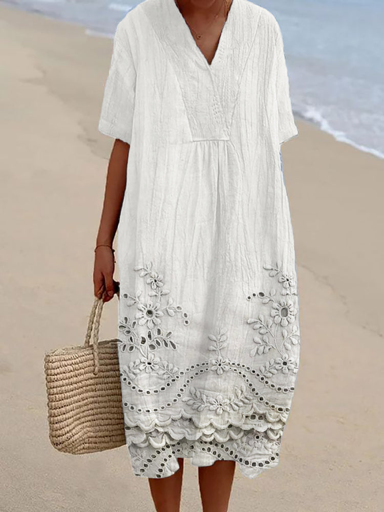Women's V-Neck Printed Midi Dress with Floral Embroidery 1