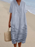 Women's V-Neck Printed Midi Dress with Floral Embroidery 2