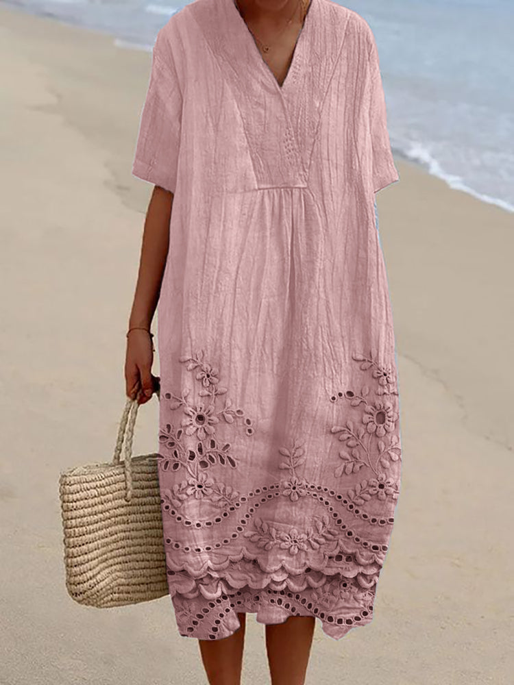 Women's V-Neck Printed Midi Dress with Floral Embroidery 3