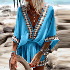 Women's V-Neck Short Jumpsuit with Printed Geometric Trim 1