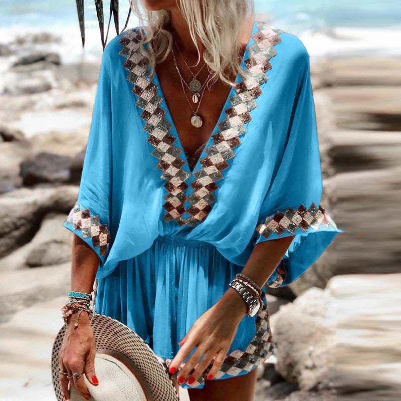 Women's V-Neck Short Jumpsuit with Printed Geometric Trim 1