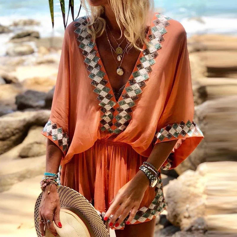 Women's V-Neck Short Jumpsuit with Printed Geometric Trim 2